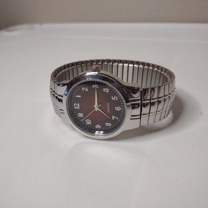 Metal Stretch Watch With Dark Red Dial